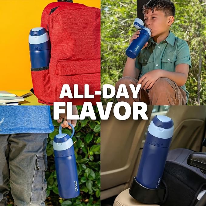 Cirkul 16oz Midnight Blue StrawSip Flip Stainless Steel Water Bottle - Double Walled Vacuum Insulated Bottle For Kids and Teens with Flavor Cartridge Included, No Sugar, Zero Calories (Caffeine Free)