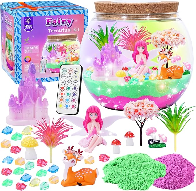 Hannstar Fairy Garden Kits for Kids - Light Up Terrarium kit Birthday Gift for Girls Ages 4 5 6 7 8 10 12 Years Old - Creative Garden Toys for Girls - DIY Arts and Crafts Kit for Kids