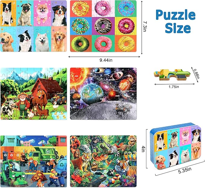 LELEMON Puzzles for Kids Ages 4-6,6 Pack 60 Piece Puzzles for Kids Ages 4-8 in a Metal Box,Educational Jigsaw Puzzles Puzzle Games Puzzle Toys for Girls and Boys