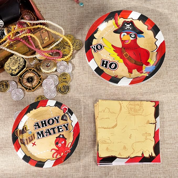 WERNNSAI Pirate Party Plates and Napkins - Pirate Birthday Party Supplies Bundles for Boys Kids Disposable Luncheon Dinner Dessert Cake Plates Napkins Tableware Set Serves 16 Guests 48 Pieces