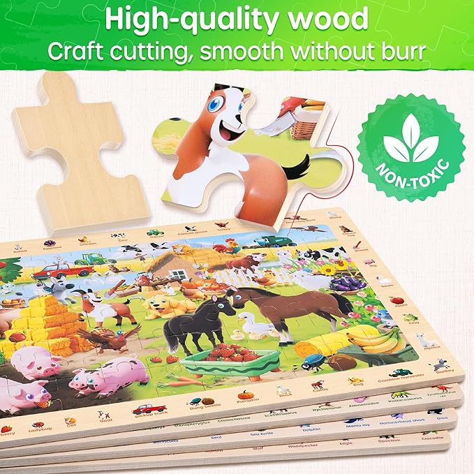 SYNARRY Wooden Dinosaur Farm Ocean Animal Puzzles for Kids Ages 4-6, 4 x 60 Piece Match & Find Puzzles for Kids Ages 3-5 Boys Girls, Preschool Educational Puzzle Toddlers Easter Gifts for 4-8 Year Old