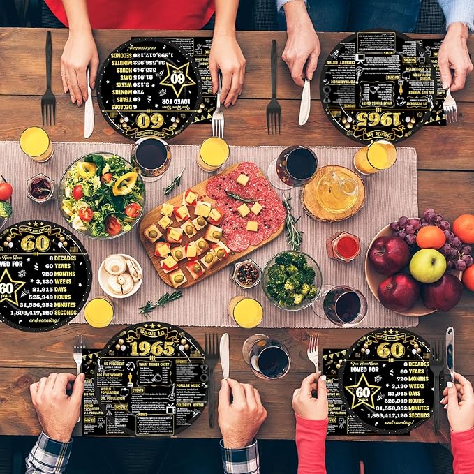 CHUNNIN 96Pcs 60th Birthday Plates and Napkins Back in 1965 Party Decorations Black Gold 60 Year Old Party Dessert Plates 1965 Tableware for 24 Guests 60th Theme Men Woman Birthday Supplies