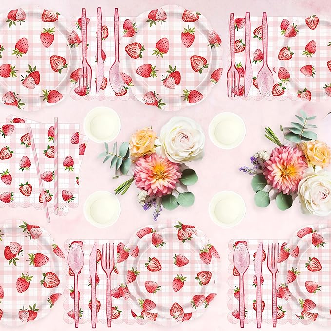 192pcs Strawberry Birthday Party Decorations Plates Napkins Disposable Paper Cups Straws Strawberry Tableware Set Party Supplies for Girls Kids Birthday Decor Serve 24 Guests