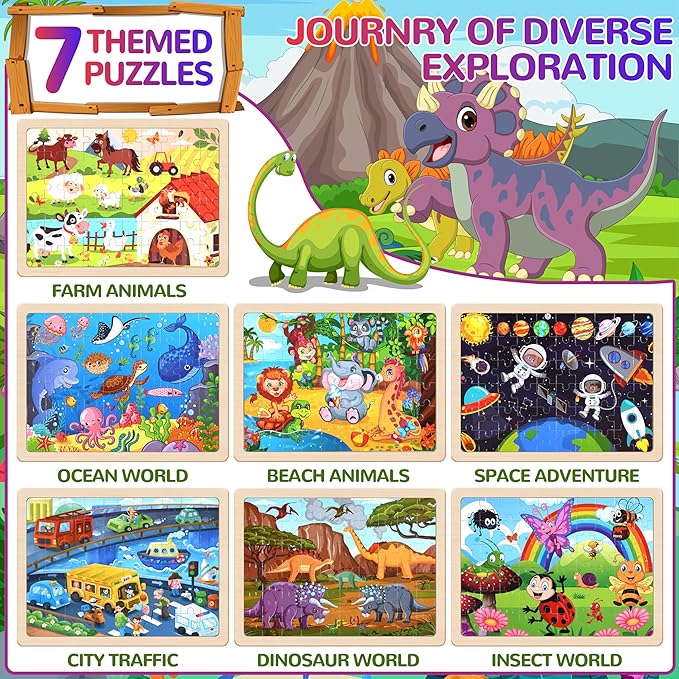 OCTERIC 7 Packs Puzzles for Kids Ages 4-6, 60 PCs Wooden Jigsaw Puzzles Preschool Educational Toys Gifts for Children Ages 4-8, Kids Puzzle for 3 4 5 6 Year Olds Boys Girls