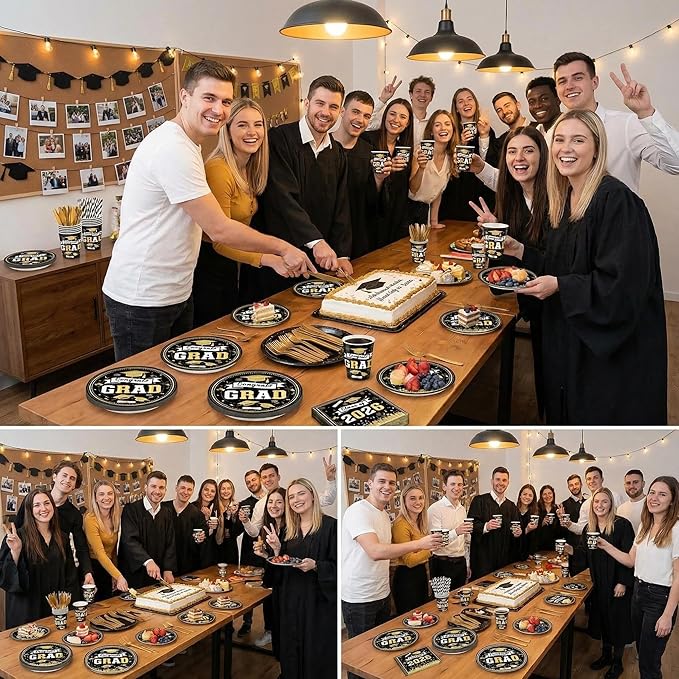 168 PCS Black Gold Graduation Party Supplies Serves 24 Guests, Disposable Tableware Set Plates Cups Napkins Cutlery Straws, School Student Graduation Birthday Decorations for Boys & Girls
