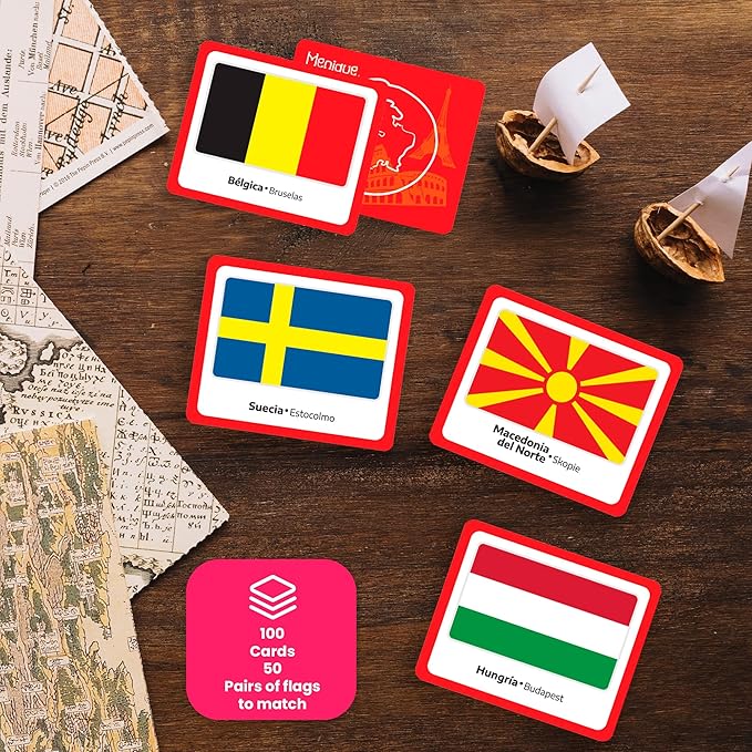 Menique Flags of Europe Memory Matching Game – 100 Cards (50 Pairs) with Flag, Country & Capital – Educational Geography Game for Kids and Adults