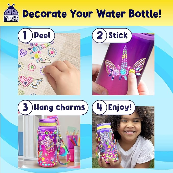 PURPLE LADYBUG Decorate Your Own Water Bottle Kit for Girls - Gift for Girls Ages 5 6 7 8 9 10 Year Old Girl Birthday Gift, Unicorn Toys Crafts Kids Ages 6-12 Mothers Day Crafts for Kids