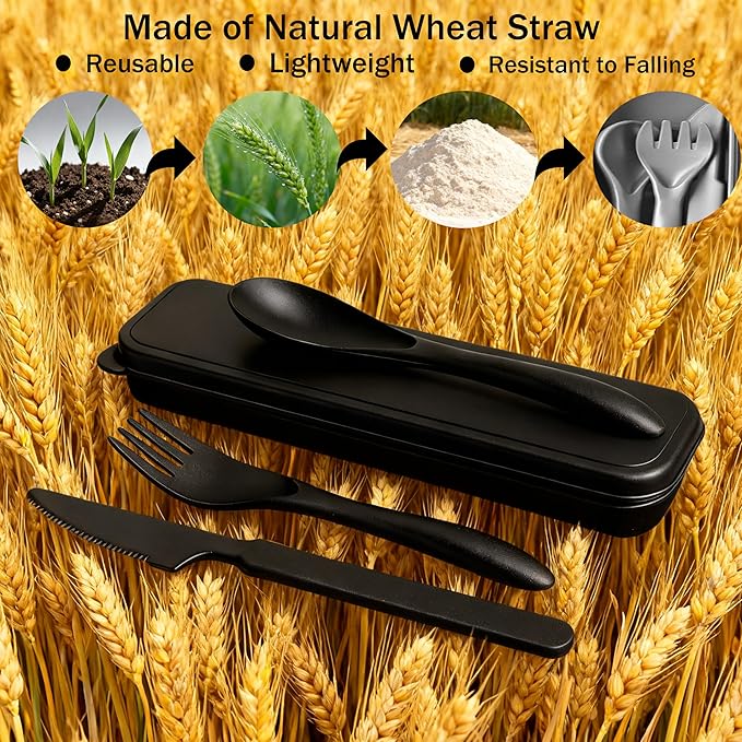Reusable Travel Utensils Set with Case,2 Sets Wheat Straw Portable Knife Fork Spoons Tableware, Eco-Friendly BPA Free Cutlery for Kids Adults Picnic Camping Essentials
