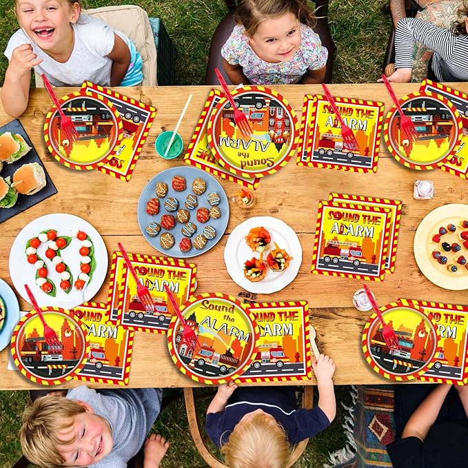 100 Pcs Firetruck Birthday Party Decorations Fireman Plates and Napkins for Firefighter Party Supplies Fire Truck Birthday Theme Disposable Dinnerware Set for Kids Fireman Party Favors Serve 25