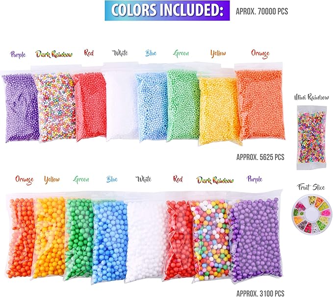 Slime Foam Beads Floam Balls – 18 Pack Microfoam Beads Kit 0.1-0.14 and 0.28-0.35 inch Colors Rainbow Fruit Beads Craft Add ins Homemade DIY Kids Ingredients Flome Styrofoam Supplies Big