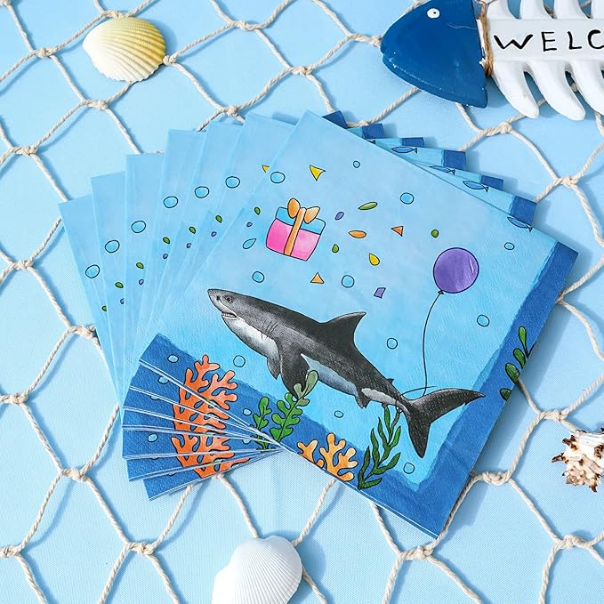 WERNNSAI Shark Birthday Decorations - 48PCS Shark Party Plates and Napkins Under The Sea Birthday Supplies Blue Ocean Plates Tableware for Kids Boys Baby Shower Summer Pool Party Decor Serves 16 Guest