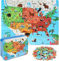 LELEMON Puzzles for Kids Ages 4-6,Animal Map 100 Piece Puzzles for Kids Ages 4-8 in a Metal Box, Educational Jigsaw Puzzles 100 Piece Puzzle Games Puzzle Toys for Girls and Boys