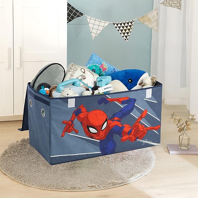 Marvel Spiderman Toy Storage Trunk for Kids,Collapsible Organizer with Soft Lid, Durable Fabric, 28.5x14.5x16, Blue Chest for Bedroom & Playroom
