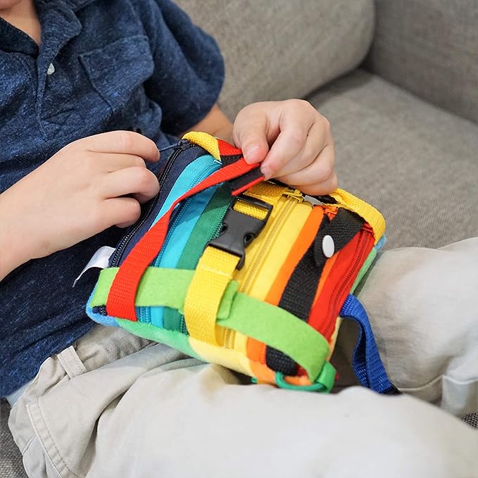 SENSORY4U Buckle Pillow Sensory Fine Motor Development Toy Activity Plushie - OT Therapy Tool Threading Counting Latches Zipper Skills