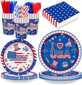 4th of July Disposable Party Tableware Serves 24, Patriotic USA 250th Anniversary Decorations, 168PCS Red White Blue Plates Cups Napkins Cutlery Set for Independence Day & Birthday Party Supplies