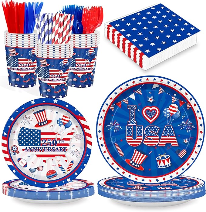 4th of July Disposable Party Tableware Serves 24, Patriotic USA 250th Anniversary Decorations, 168PCS Red White Blue Plates Cups Napkins Cutlery Set for Independence Day & Birthday Party Supplies
