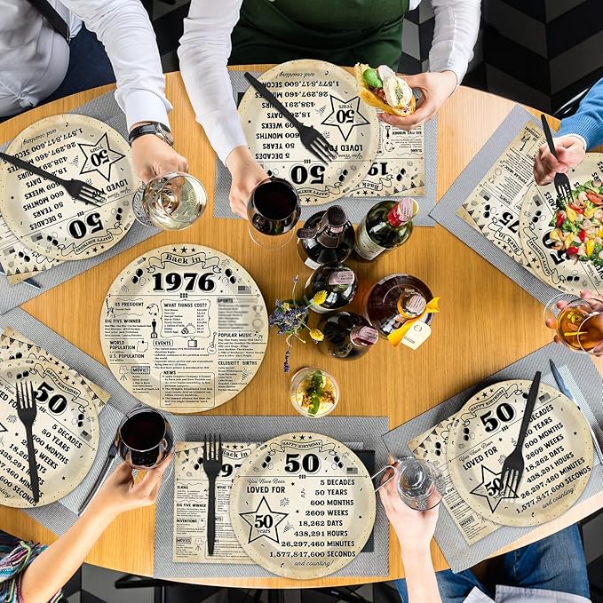 96Pcs 50th Birthday Party Plates and Napkins 50th Birthday Party Decorations Back in 1976 Dessert Plates Vintage 50 Years Old Themed Tableware Set Vintage 1976 Disposable Plates for Men Women Serve 24