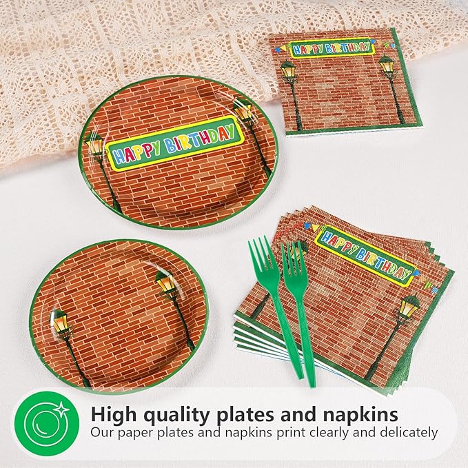 Grencian 96 Red Brick Wall Street Party Supplies Modern Cartoon Sesame Plates and Napkins Tableware Sets Sesame Birthday Disposable Plate for Kids Birthday Baby Shower Serves 24