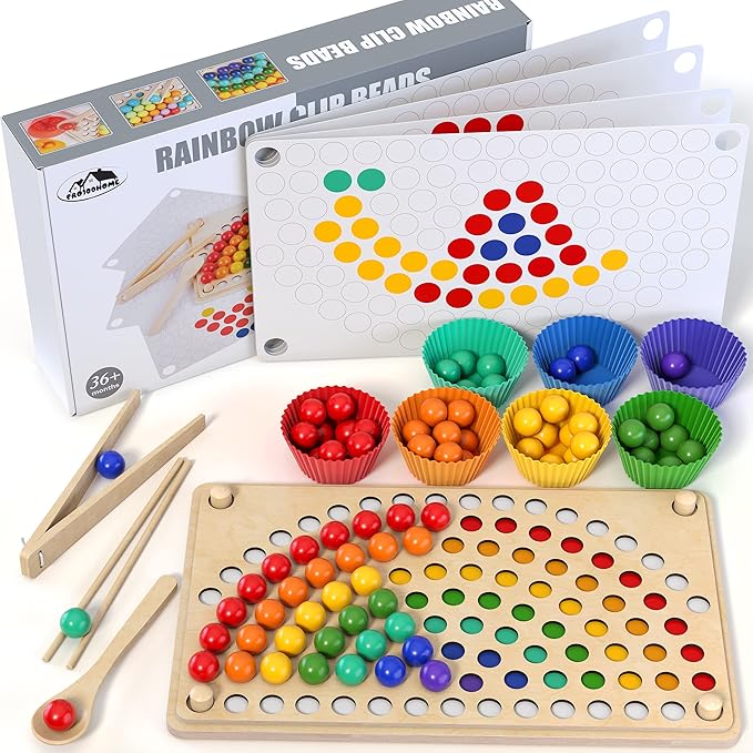 Toddler Wooden Learning Montessori Toys – Preschool educational board bead game Baby Rainbow Stacking Matching Counting Color Sorting for fine Motor Math Skills Boys and Girls for 3 4 5 Years Old