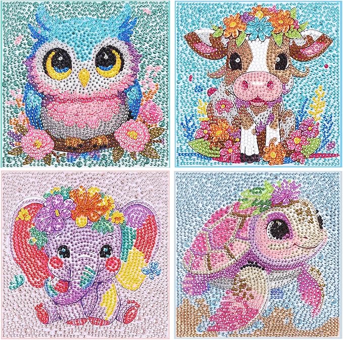 GIFOHAPY 4 Pack Diamond Art Kits for Kids, 5D Cute Animal Diamond Painting Kit for Beginners, Gem Art Crafts By Number for Boys Girls Ages 6-8-12-14,Home Wall Decor Gift 6X6“ (XY001+002+003+04)