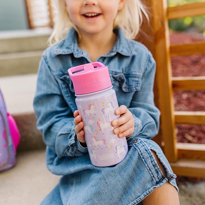 Wildkin Kids 14oz Stainless Steel Water Bottle – BPA-Free, Leakproof, Insulated, Easy-Clean - Unicorn