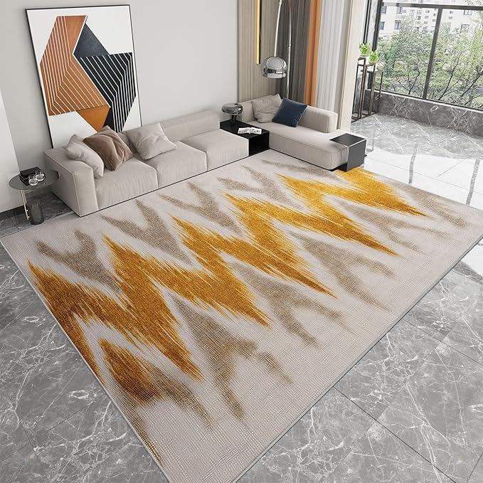 Abstract Chevron Stripes Area Rugs for Bedroom Living Room 7×10ft Yellow and Gray Shabby Chic Soft Non-Slip Rug, Ultra-Thin Low Pile Carpet for Kitchen Dining Room Home Office