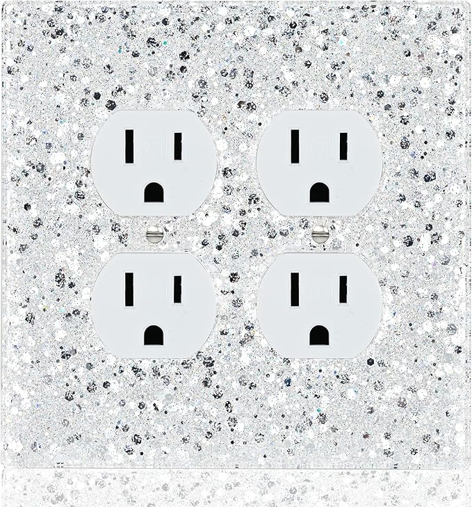 Shiny Silver Double Duplex Outlet Cover Plate,Glitter Never Peel Off,2-Gang 5.1''x5.1'',Bling Decor for Girls Room