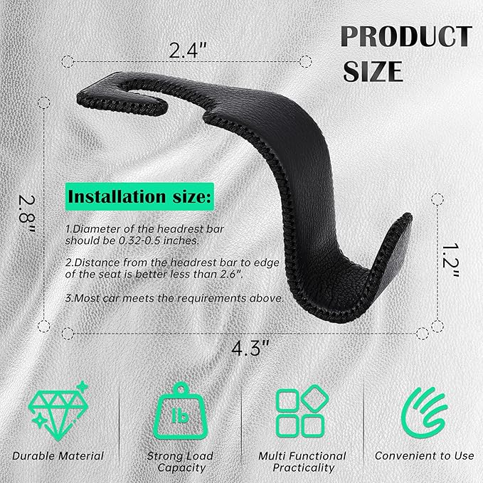 Amooca Car Seat Headrest Hook Universal Vehicle Storage Hanger Leather with Metal Car Seat Back Organizer for Handbag Purse Coat Black 4 Pack