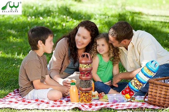 SELEWARE Portable Stackable Food Storage Containers for Snacks Formula Powder and Drinks Twist Lock System Airtight Leak-proof BPA and Phthalate Free 4 Piece Jars 31oz Brown