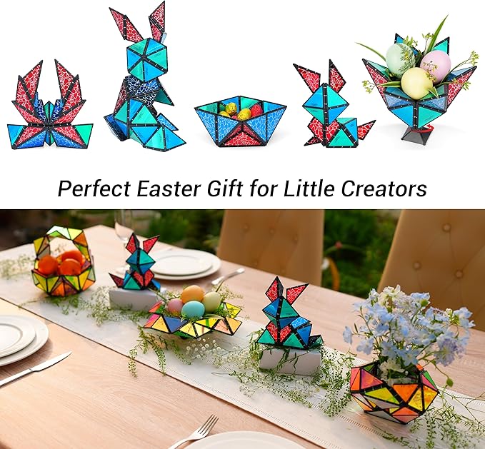 TOSY Magnet Pyramid Stone - 1 Cube Transforms into 1 Billion Shapes (Bunny, Egg Basket, Flowers, Heart), Easter Birthday Gift, 12 pcs, 243 Magnets, Holographic Design, Puzzle/STEM Toy