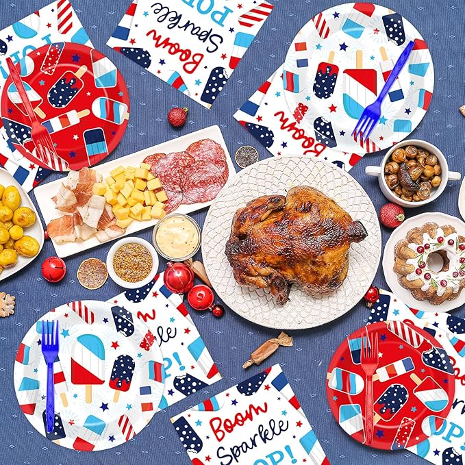 96Pcs Patriotic Party Supplies Summer Ice Pop Paper Plates and Napkins 4th of July Theme Disposable Tableware Set for American Independence Day Veterans Election Memorial Day Decor Serves 24
