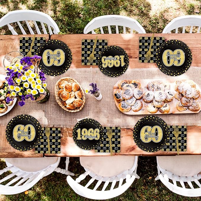 96PCS 60th Theme Birthday Party Tableware Vintage 1966 Party Supplies 60 Year Old Birthday Party Decorations Plates Napkins Forks Black and Gold Dinnerware Favors for Men or Women