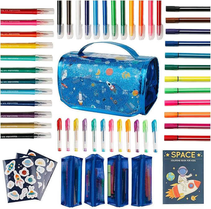 PapaKit Creative Art Coloring Set (Outer Space), Includes Travel Bag, Assorted Washable Marker Set, Glitter Pens & Coloring Pages, Art Supplies Great Gift