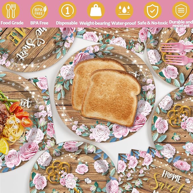 96 Pcs House Warming Decoration Party Plates Napkins Tableware Set Housewarming Paper Party Supplies Disposable Dinnerware Sweet Home Rustic Floral Party Decoration Favors for New House, 24 Guests