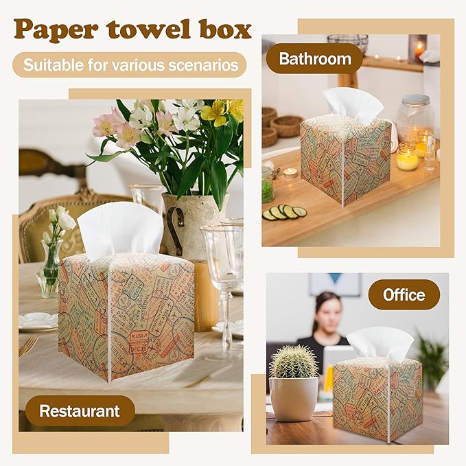 Retro World Travel Passport Stamp Tissue Box Cover - Vintage Square Leather Facial Paper Organizer, Decorative Travel Themed Holder for Bathroom Vanity, Home Office, Car & Travel Enthusiast Decor