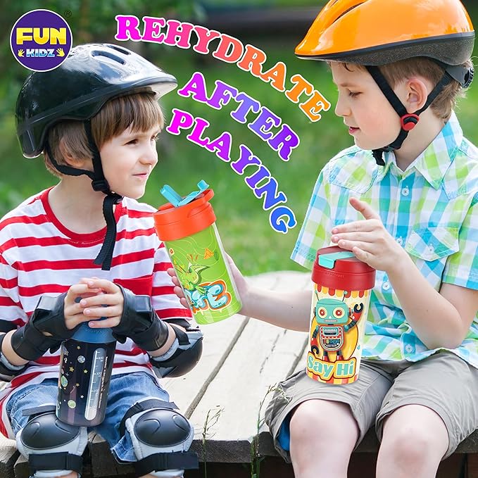 3 Packs Boy Designs 17oz Kids Water Bottle, Total My Style Spout Covered and Carry Handle Designed Lid Leak Proof BPA Free for Boys Ages 3+ Dishwasher Safe for Sports School Travel with Silicone Straw
