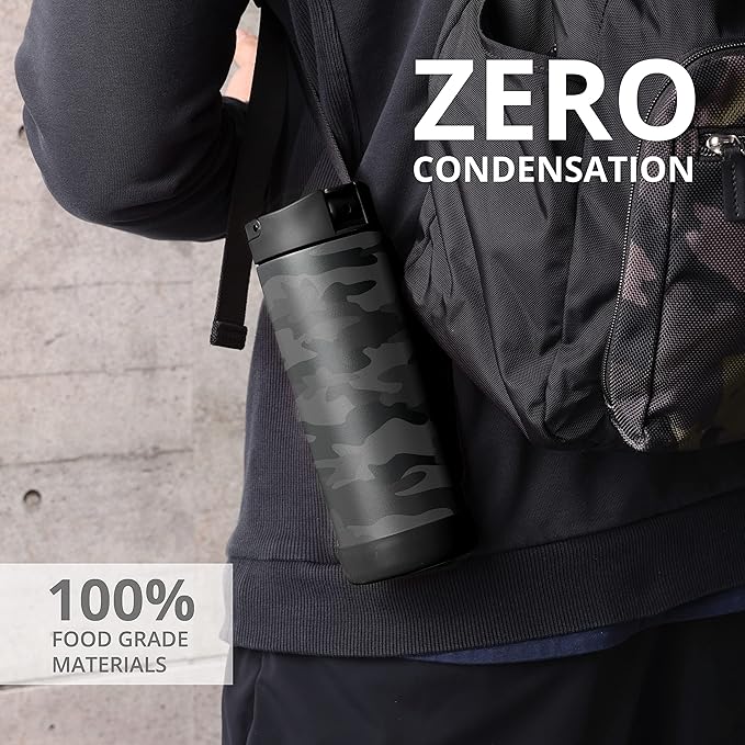 Elemental Iconic Kids Water Bottle with Straw Lid & Stress Relief Pop It Handle, Leak-Proof When Closed, Triple Insulated Kids Stainless Steel Water Bottle For Girls and Boys, 14oz - Black Camo