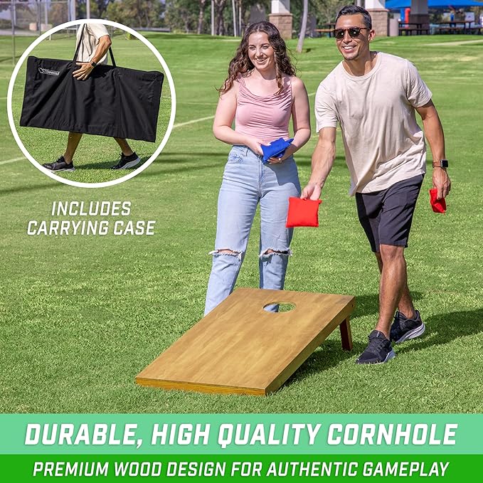 GoSports 4 ft x 2 ft Regulation Size Wooden Cornhole Boards Set with Light Brown Finish - Includes Carrying Case (Choose Your Colors)