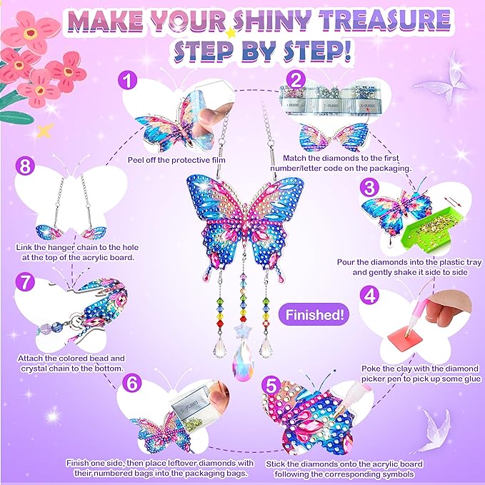 Crafts for Girls 8-12, Diamond Art Kits for Girls Ages 10-12, 3 PCS Diamond Art, DIY Suncatchers & Wind Chime Kits for Kids, Great Arts & Crafts Birthday Gift, Pretty Home/Garden/Backpack décor