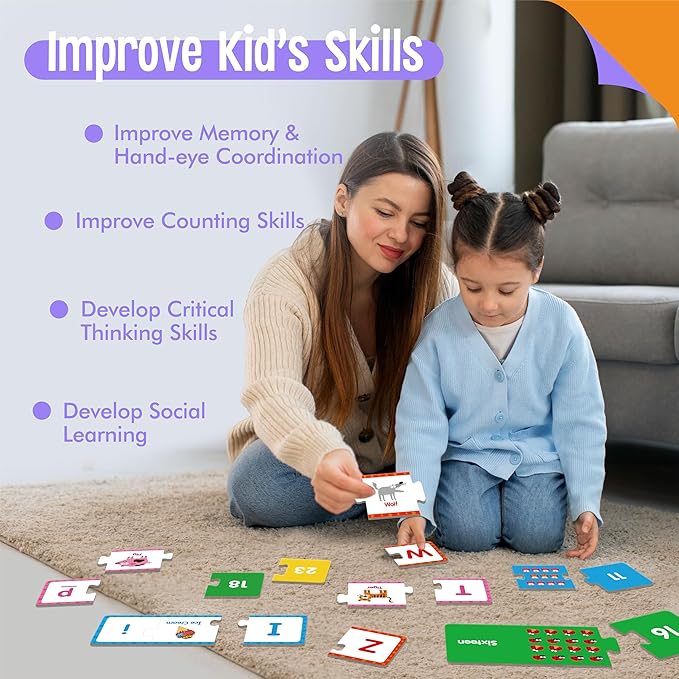 Alphabet & Number Puzzles, 26 Self-Correcting Matching Puzzle Set, 3-Piece Double-Sided Puzzle Cards, Educational Game for Kindergarten Readiness, Preschool Learning Activities, Homeschool Supplies