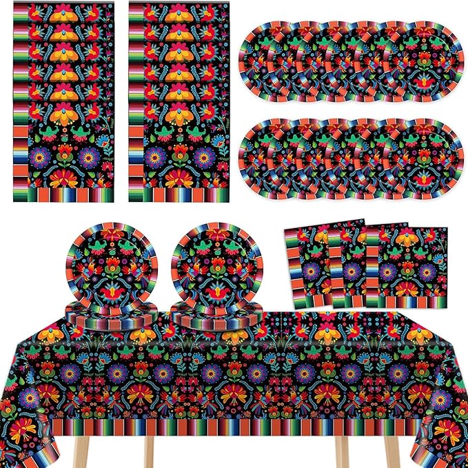 Mexican Fiesta Party Supplies Serves 24 Mexican Party Paper Plates Napkins Mexico Mayo Decorations Datura Flower Serape Tablecloth Set Tableware Kit for Day of The Dead Pinata Taco Ponchos Dance