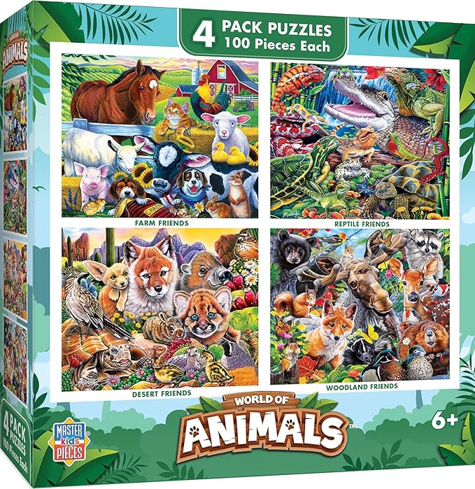 MasterPieces – Jigsaw Puzzle Set for Kids 6+ Years, 4-Pack of 100 Pieces, Educational and Fun Game, World of Animals Collection V2, Gift Idea for Children, 8" x 10"