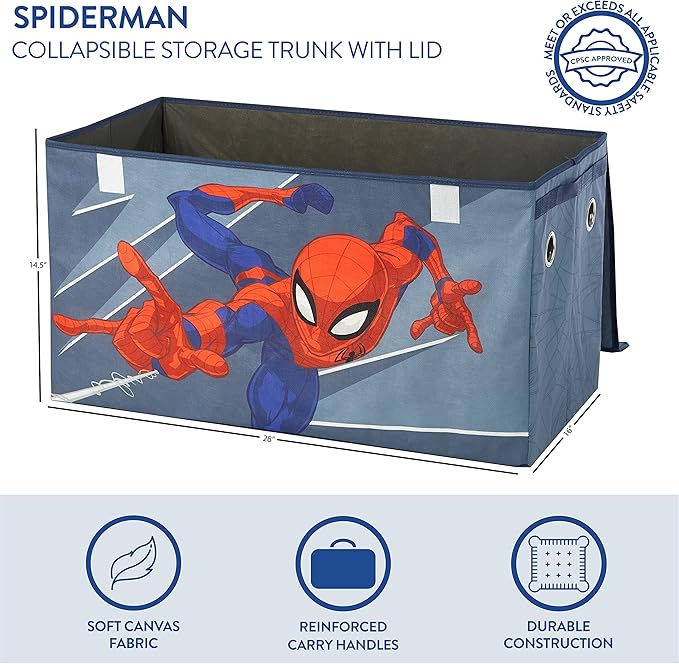 Marvel Spiderman Toy Storage Trunk for Kids,Collapsible Organizer with Soft Lid, Durable Fabric, 28.5x14.5x16, Blue Chest for Bedroom & Playroom