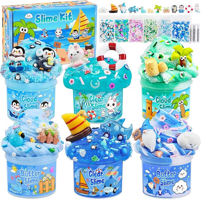 LAWOHO 6 Pack Blue Ocean Slime, Clear Butter Cloud Slime Kits for Girls Ages 8-12, Non-Stick Kids Slime Party Favor Toys with Add-Ins, Birthday Goodie Bag Stuffers Easter Valentines Day Gifts for Kids