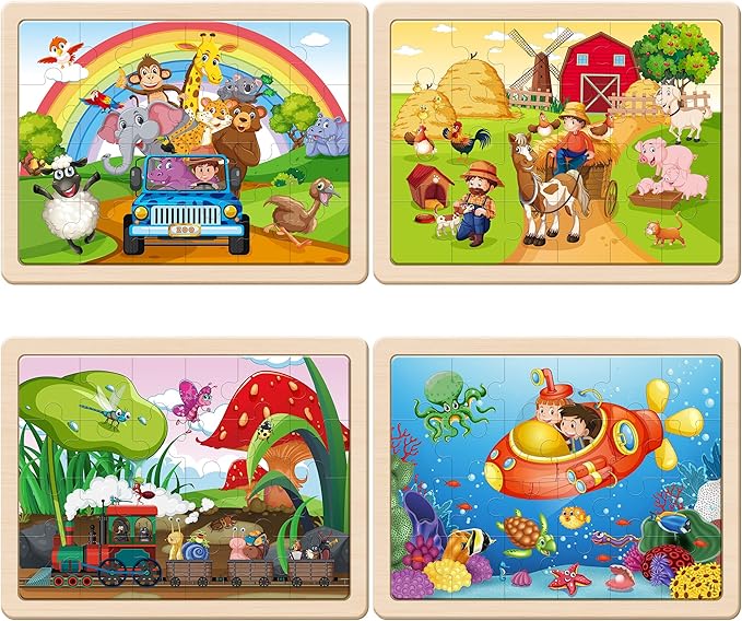 SYNARRY Large Animals Wooden Puzzles for Kids 4 in 1 Gift Box(12.2 * 9.4 in), Jigsaw Puzzles for Toddlers 3-5, Puzzles for Kids Ages 4-6, Easter Basket Stuffers Gifts Toys for Kids