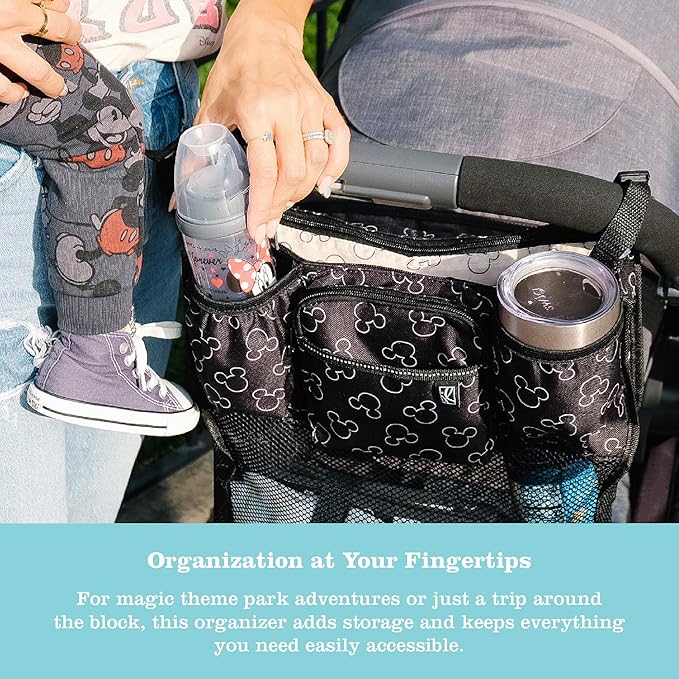 Disney Baby by J.L. Childress Cups 'N Cargo Stroller Caddy Organizer with Cup Holder - Stroller Accessories Bag, Travel Essential, Mesh Storage Attachment, Universal Fit - Mickey Mouse, Black