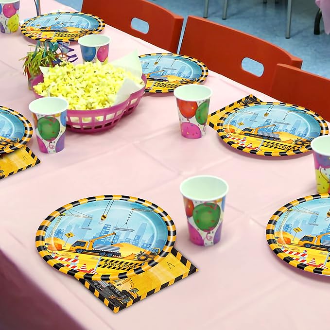 96 Pcs Construction Birthday Party Plates Napkins Forks Supplies Tableware Set Disposable Table Dump Truck Theme Decoration for Boys/Kids Birthday Party, Serves 24 Guests