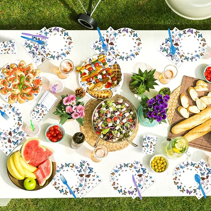 168Pcs Butterfly Paper Plates and Napkins Butterfly Party Plates Disposable Fancy Butterflies Decorations for Girls Spring Bridal Shower Wedding Picnic Holiday Birthday Party Supplies Serves 24