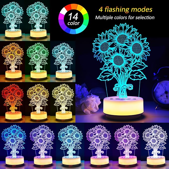 Sunflower Flower Gifts Night Light for Kids-Flower Decor Lamp for Bedroom Living Room, 14 Color with Remote / Buttons + Timer + Dim Function, Birthday Holiday Gift for Her Mom Wife Girlfriend Teacher