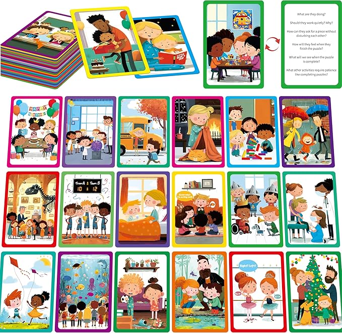 80 Scene Conversation Cards,480+ Questions Of What,Where,Who,Why & How,Materials for Social Skills,Learn Through Friendly Illustrations Of Situations,Develop Emotional Intelligence & Critical Thinking